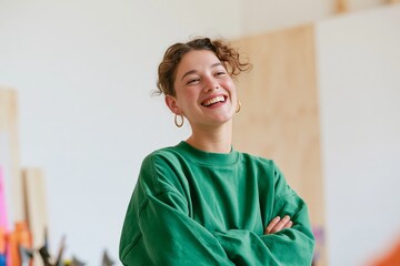 Obraz premium Young entrepreneur in green sweatshirt smiling with arms crossed, standing in a creative workspace filled with art supplies and colorful materials in the background