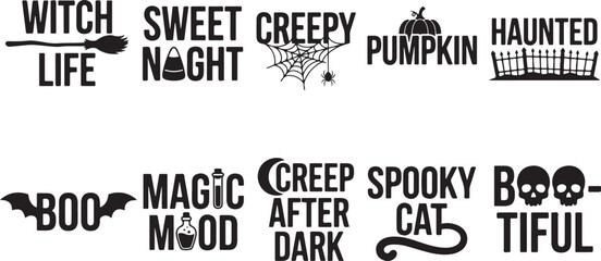 Obraz premium Set of ten black halloween themed typography featuring like a broom, candy corn, spider web, pumpkin, cemetery fence, bat, potion bottles, crescent moon, and skulls