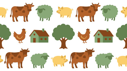 Fototapeta premium Seamless farm pattern vector illustration with cartoon cow sheep pig chicken house and tree for textile and wallpaper