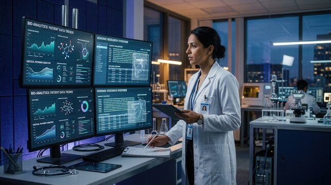 Scientist Analyzing Complex Data On Multiple Monitors In Modern Laboratory