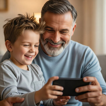 Happy father and young son smiling while looking at a smartphone together