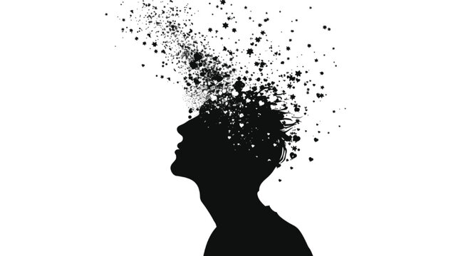 Surreal silhouette of a man with head exploding into particles, mental health concept art, psychological stress and burnout illustration