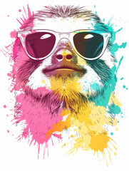Naklejka premium Colorful sloth wearing sunglasses with paint splashes in background