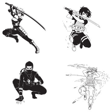 Female ninja and tactical warrior characters with katanas in action poses vector illustration set for manga and comic art