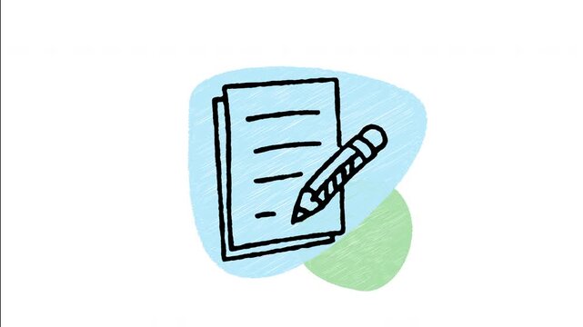 An animated hand-drawn stack of paper documents alongside a writing pencil. Great for taking notes, writing contracts, drafting paperwork, filling forms, and educational studying. 