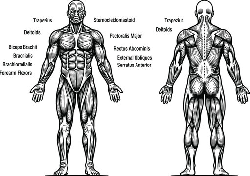 Human muscular system diagram displaying male body anatomy with anterior posterior views and detailed muscle labels vector