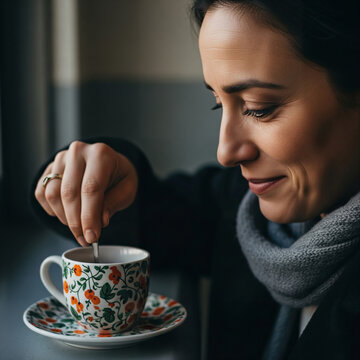 A woman wearing a warm scarf stirs a floral cup of tea.