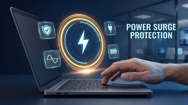Laptop Computer Displaying Power Surge Protection Cyber Security Interface