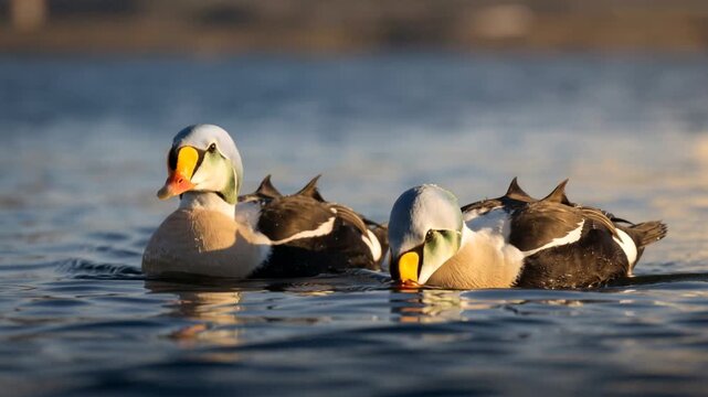 two king eiders close up at morning light in alaska usa arctic coast video