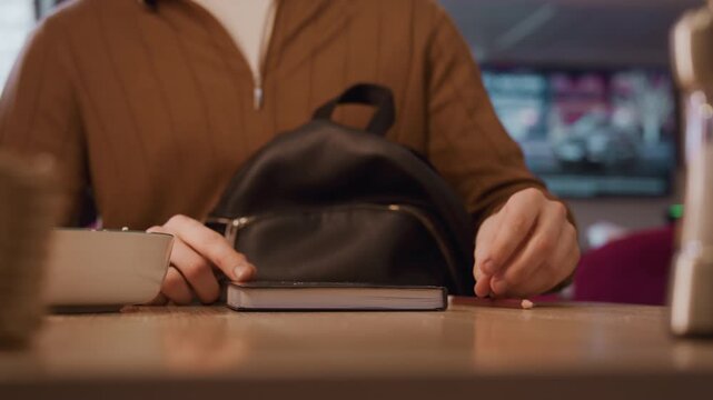 Close up of young woman reading and closing open notebook on wooden table in soft indoor lighting. black backpack rests against her torso with salt and pepper shakers visible nearby. scene