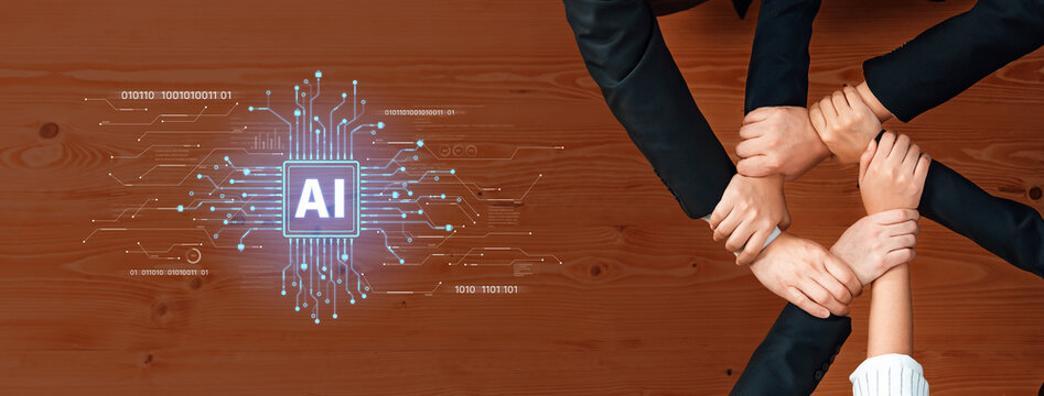 This image features diverse hands collaborating around a modern wooden table, symbolizing unity and innovation in the context of artificial intelligence and teamwork. Trope