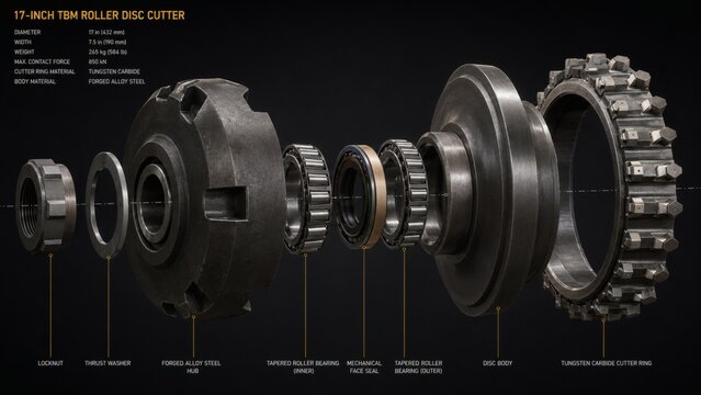 Exploded 3D Technical View of Tunnel Boring Machine Tungsten Carbide Disc Cutter Hub