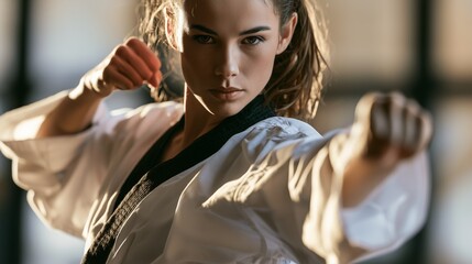 Obraz premium Focused female karate black belt performing a straight punch