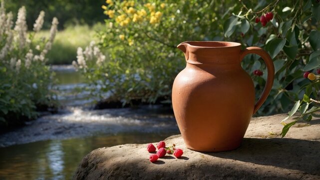 Clay jug and raspberries on sunlit rock by a flowing river