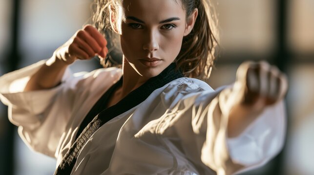Focused female karate black belt performing a straight punch