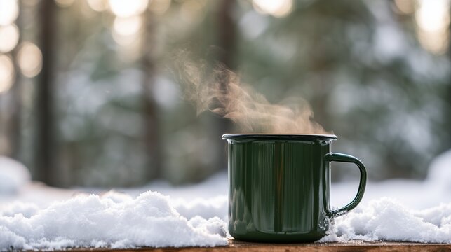Single enamel camping mug filled with hot coffee standing on a surface