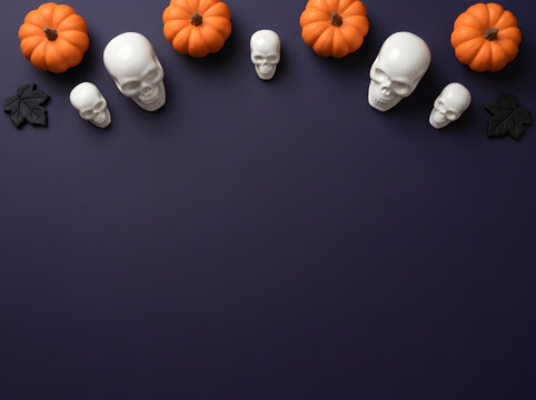 Halloween and Autumn Pumpkin Frame Background with Skulls, Pinecones, and Dried Florals