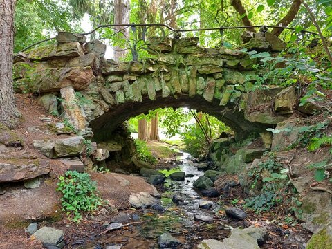 Wiesbaden, Hesse, Germany: Rustic stone arch bridge crossing small woodland stream surrounded by lush green vegetation