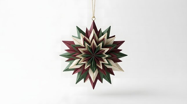 Hanging origami christmas star ornament in red, green, and white paper isolated