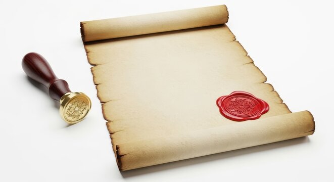 Old rolled parchment paper with red wax seal and wooden stamp