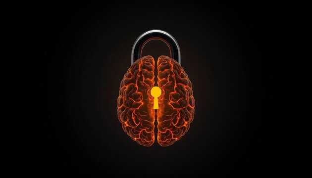 Conceptual 3D render of a dark human brain shaped like a padlock with a glowing amber keyhole, unlocking potential and psychology concept.