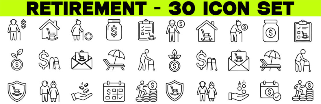 Retirement Icon Set with Editable Stroke, Line Style Vector Illustration for Senior Lifestyle, Pension Planning and Elderly Care Design