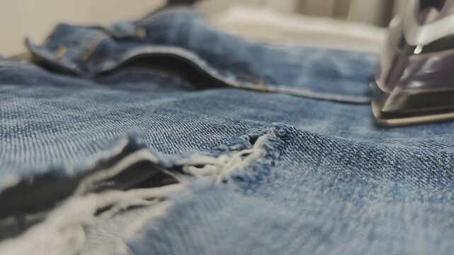 Close up of an electric iron smoothing out and refreshing a pair of worn out blue jeans. Illustrating the idea of household tasks and daily chores