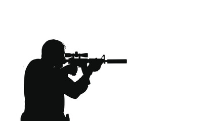 Naklejka premium Person's silhouette aims a tactical rifle with a scope and suppressor, representing themes of military operations, precision shooting, or security concerns against a clean white background.