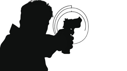 Naklejka premium Person's silhouette aims a handgun with a circular target overlay, symbolizing themes of crime, security, danger, or defense against a stark white background.