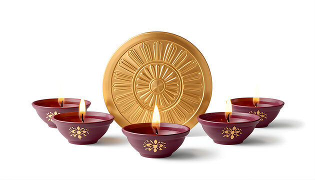 Five candles lit in small bowls, with golden symbol for spiritual celebration.