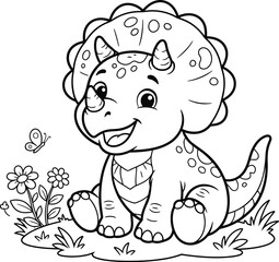 Adorable triceratops dinosaur cartoon illustration with flowers isolated on transparent background © Mansura