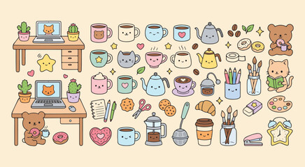 Fototapeta premium Cute cozy coffee shop workspace collection with cats bears mugs plants donuts art supplies and stationery