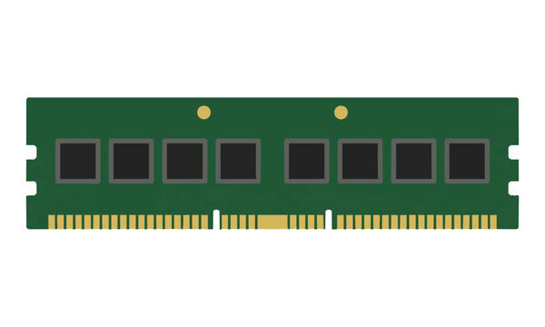 Flat icon of a computer RAM memory stick module with green circuits and gold connector pins isolated on white background. Modern technology concept