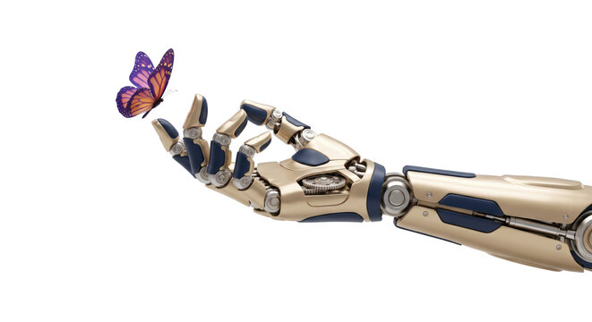 Futuristic Robotic Hand Reaching Toward a Colorful Butterfly