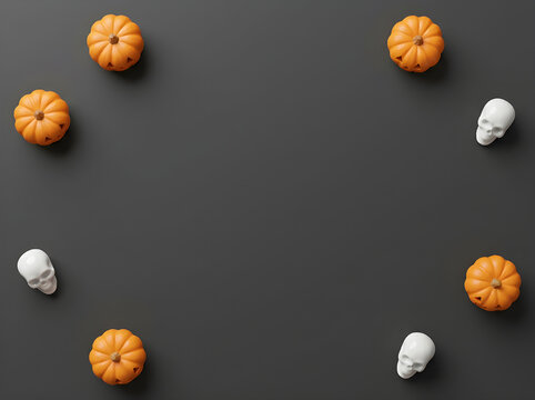 Halloween and Autumn Pumpkin Frame Background with Skulls, Pinecones, and Dried Florals