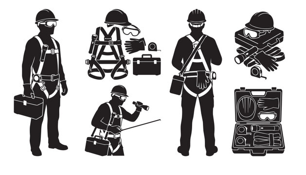 Set of construction worker silhouettes with safety gear and tools for industrial building and maintenance projects