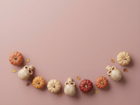 Halloween and Autumn Pumpkin Frame Background with Skulls, Pinecones, and Dried Florals