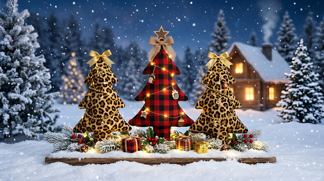 A festive design with a snowy background. At the center, there are three trees, two of which have a leopard print pattern and one with a checkered red and black pattern. 
