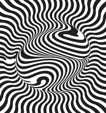 A mesmerizing black and white optical illusion featuring a distorted sphere within a wavy background pattern