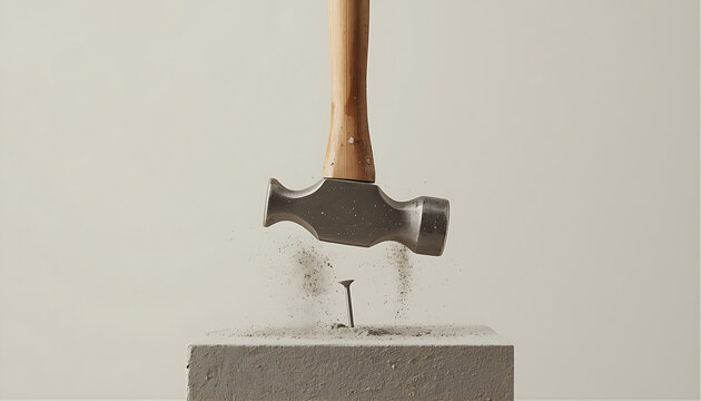 Industrial heavy metal hammer striking metal nail onto solid concrete block surface.