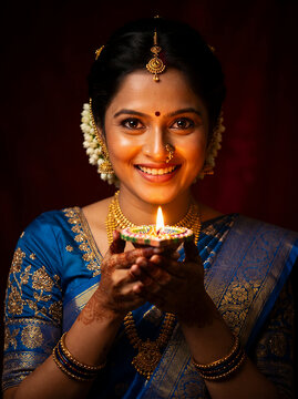 Beautiful Indian woman with saree and golden jewelry holding a Diya lamp, Diwali Festival celebration, colorful Diwali Greeting card 