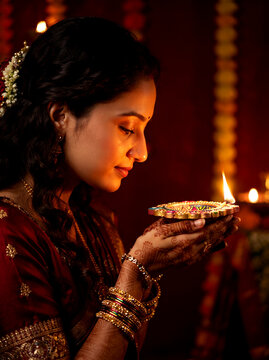 Beautiful Indian woman with saree and golden jewelry holding a Diya lamp, Diwali Festival celebration, colorful Diwali Greeting card 