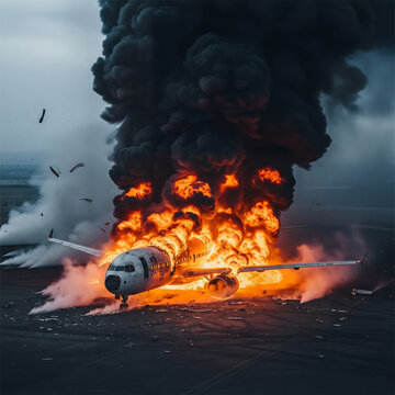 Commercial passenger airplane engulfed in flames and thick black smoke on runway.