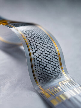 Flexible transparent graphene film with hexagonal lattice structure bending. Advanced nanomaterial for flexible electronics and semiconductor technology. Future innovation concept.