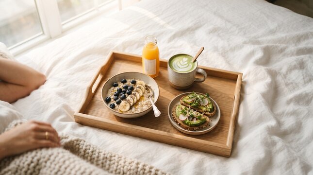 Breakfast in bed with smoothie, orange juice, and healthy dishes for World Day of Sobriety and the Fight Against Alcoholism