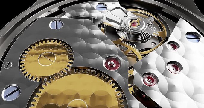 Open caseback view of luxury swiss watch mechanical clockwork mechanism.