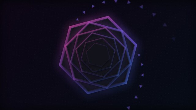 Abstract neon glowing pentagon shapes forming a deep tunnel on black background