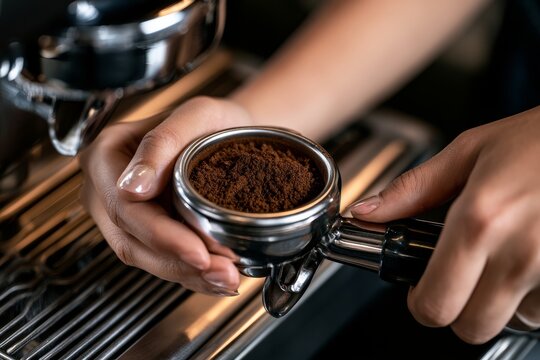 Barista holding a portafilter filled with fresh coffee grounds, preparing to brew espresso