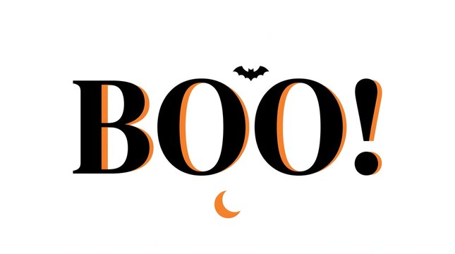 A spooky halloween text design featuring the word boo with a small bat and crescent moon icon isolated