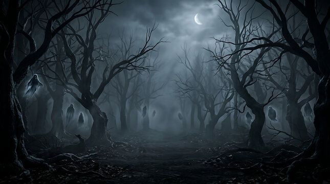 Spooky haunted forest with twisted trees and full moon isolated on transparent background